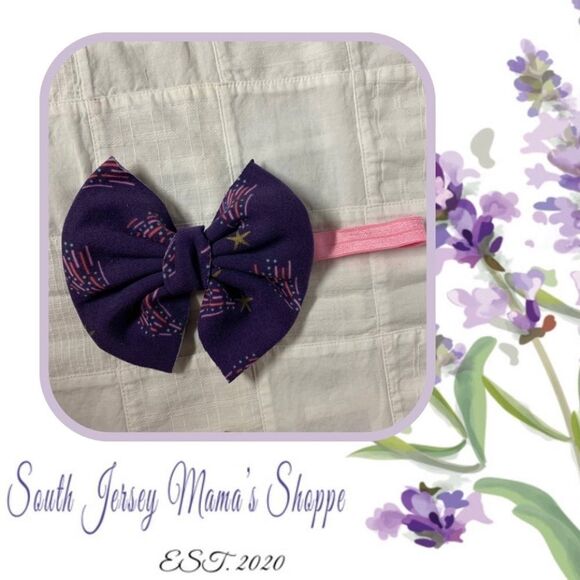 Infant Headband Pink Band With Navy Pink Purple Red Fireworks Bow Size Preemie - Picture 1 of 10
